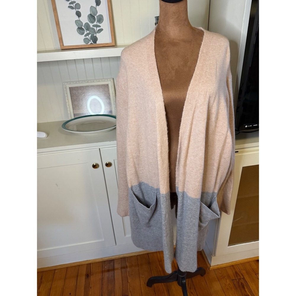 Madewell Colorblock Open Front Cardigan Sweater Beige Grey 2X Pockets Longline